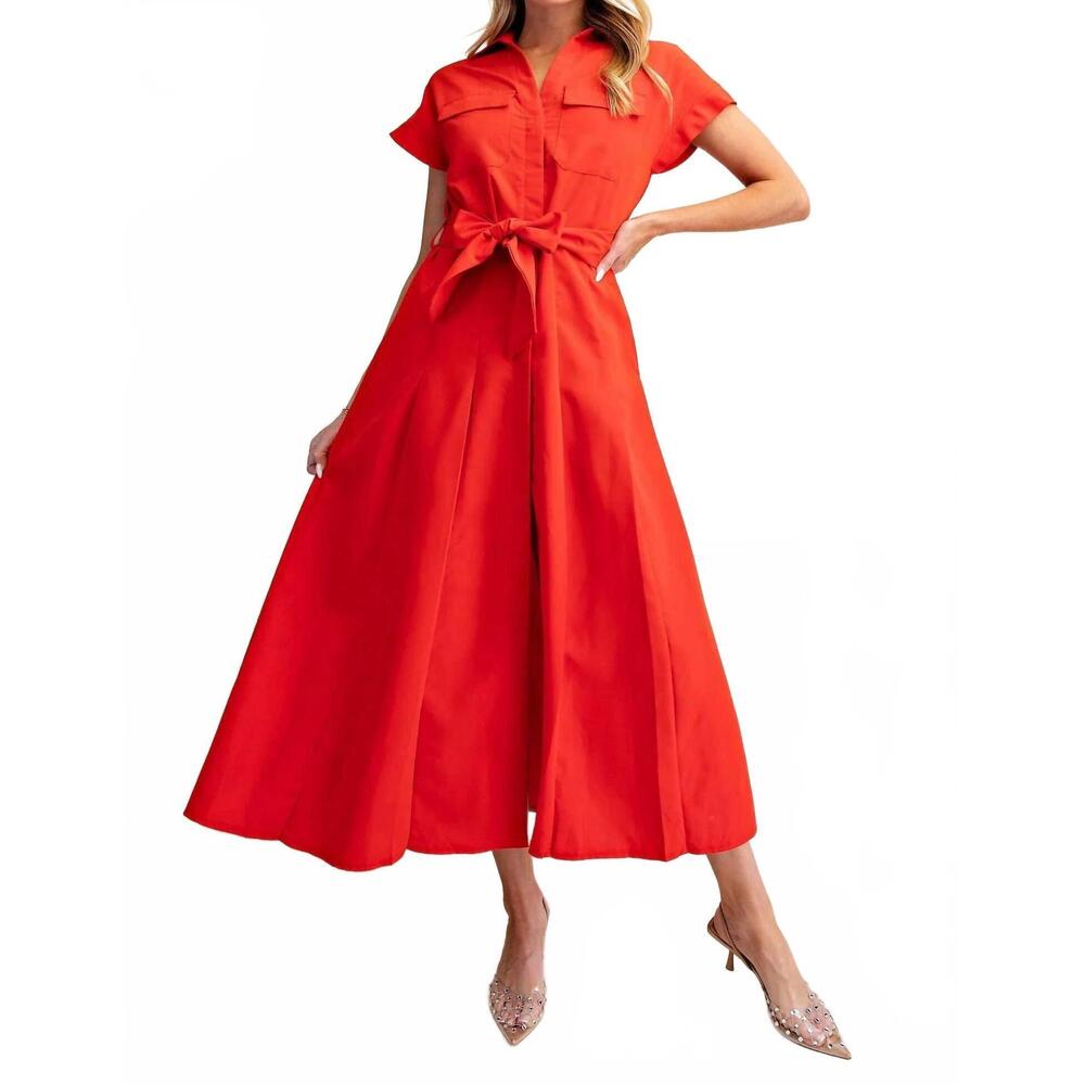 NEW GLAM collar v-neck button down midi dress in red